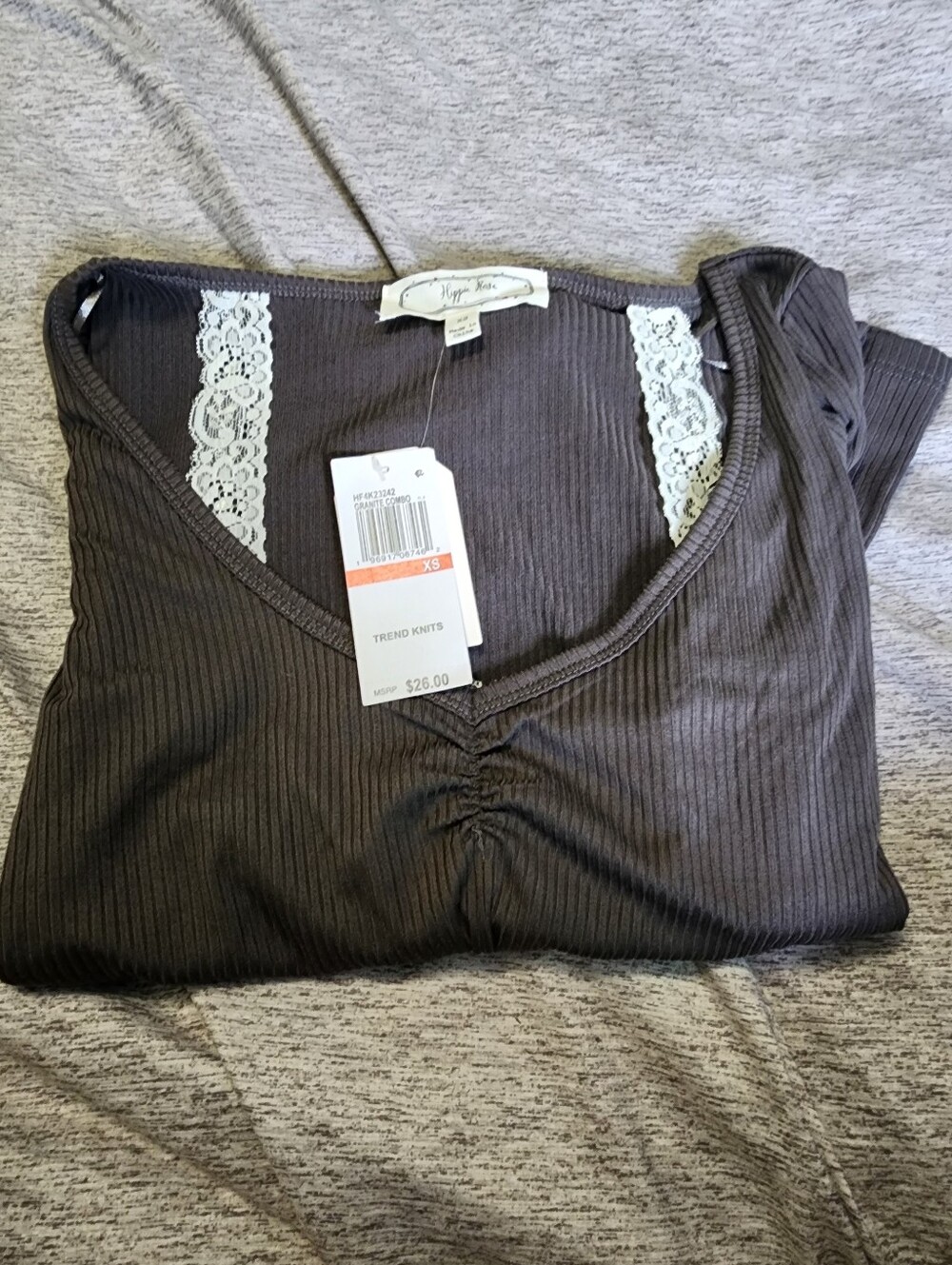 Hippie Rose Ribbed Lace-Trim Sleep Top - Charcoal Brown